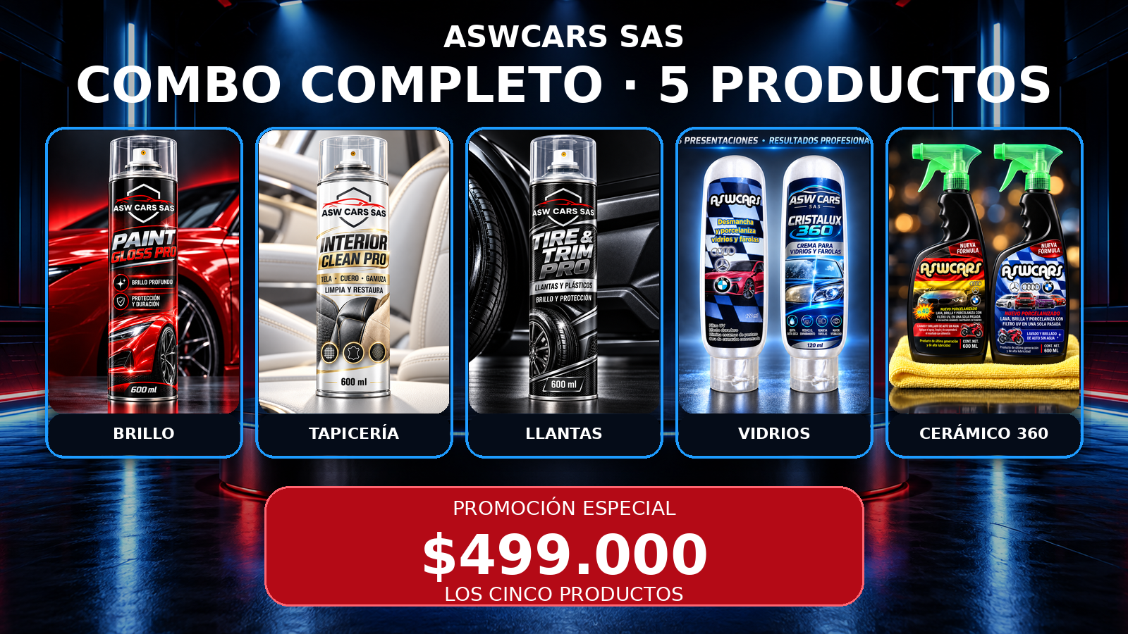 Promoción de los cinco productos ASWCARS SAS por 499.000 pesos